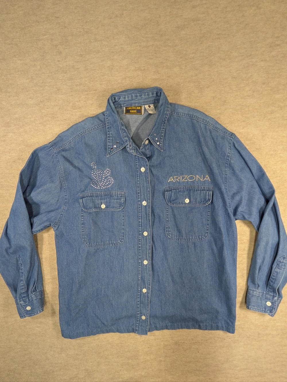 American Rave Vintage Kokopelli Flute Player Denim Shirt Arizona Rhinestone Larg